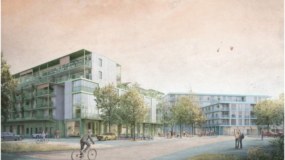 Blick entlang des Mandach-Gebäudes in Richtung Bahnhof