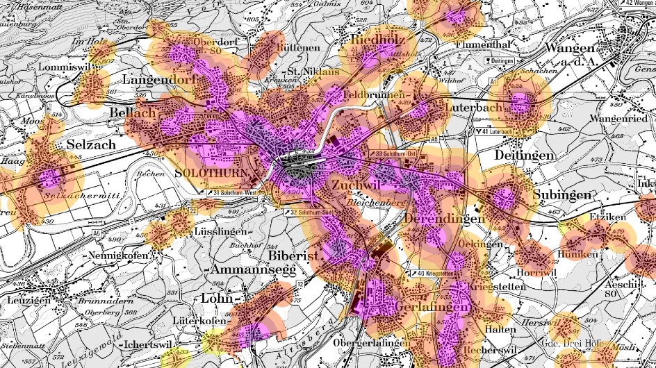 Planausschnitt öV-Erschliessungsgüte Raum Solothurn